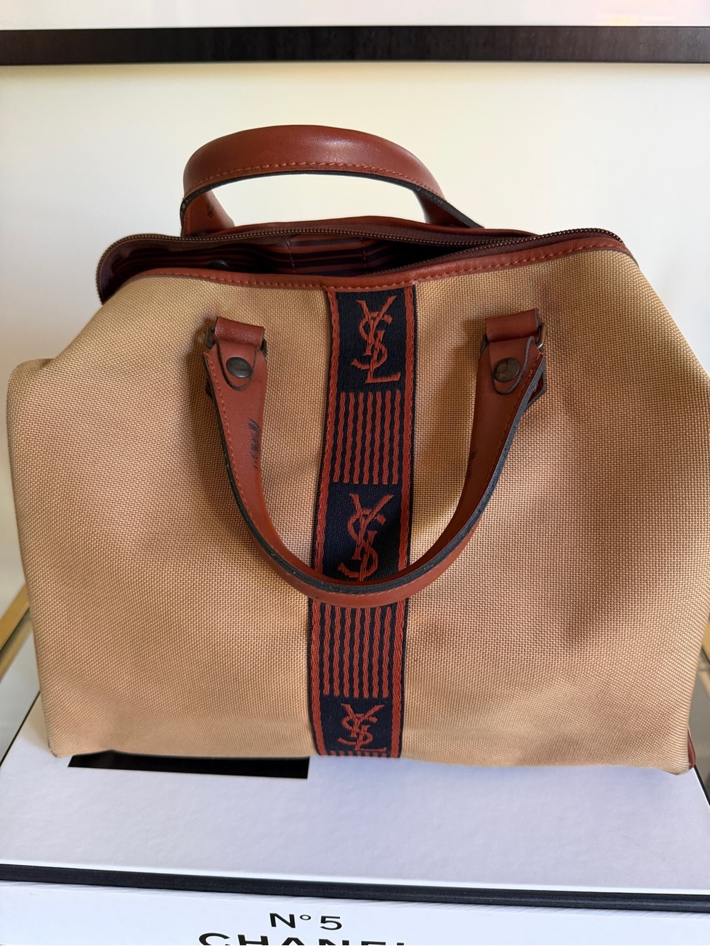 Vintage Yves Saint Laurent Beige Canvas & Brown Leather Tote (speedy size)